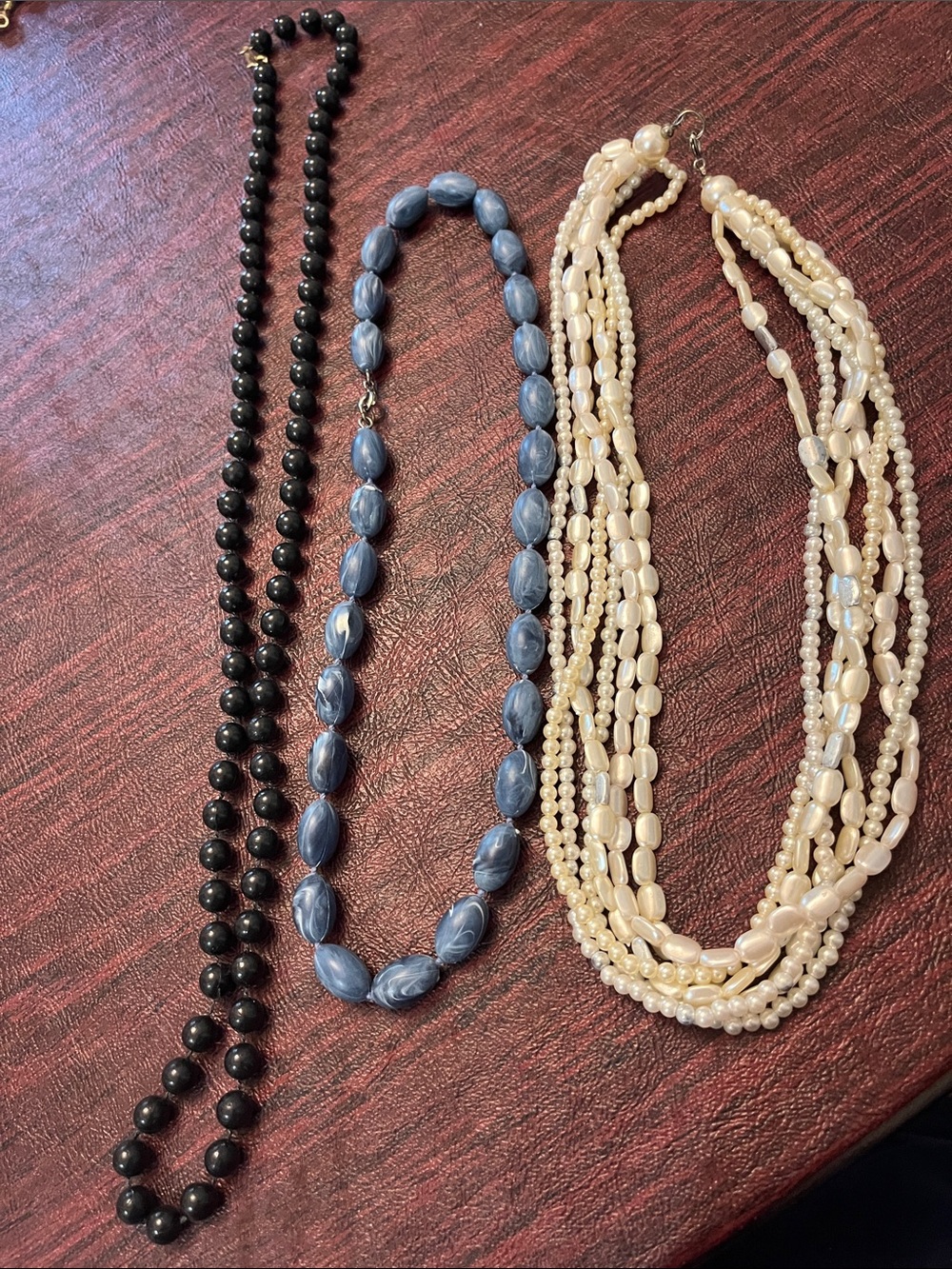 Vintage Costume Jewelry Pearl and Bead Necklace Set - Cream, Blue & Black-